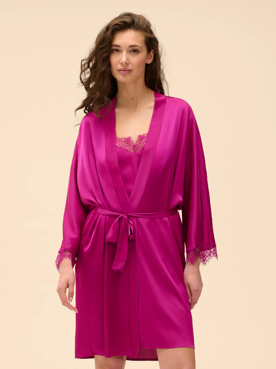 Satin Secrets Long Kimono - Azalea